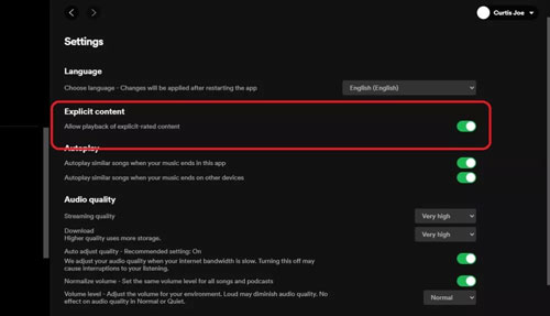 disble explicit songs spotify on computer