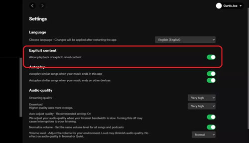 disble explicit songs spotify on computer