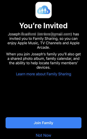 invite family members with family sharing