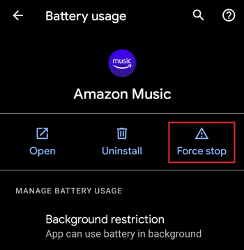 force stop amazon music app for erro 180