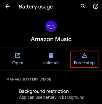 force stop amazon music to fix shuffle not working