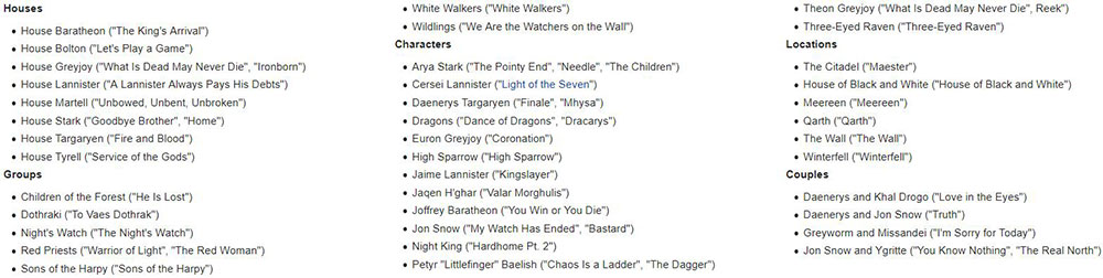 game of thrones music complete list