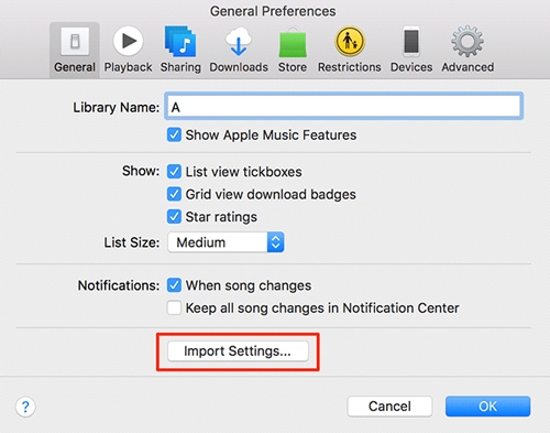 itunes import settings