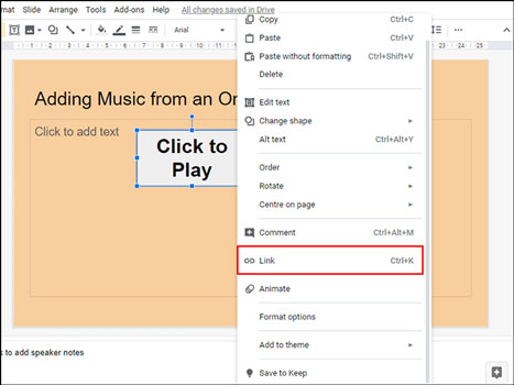 add spotify music link to google slides on pc