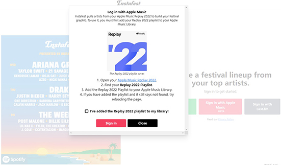 sign in apple music to instafest