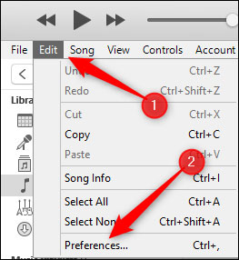 preferences option in itunes on windows