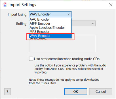 choose wav encoder on itunes import settings