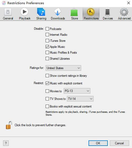restrict explicit content on apple music by itunes on windows