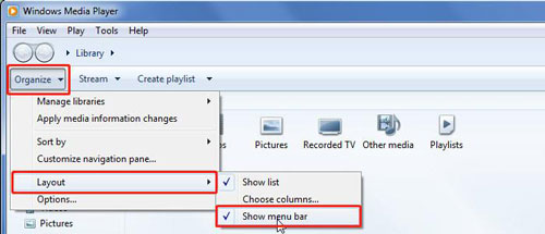 show menu bar on windows media player