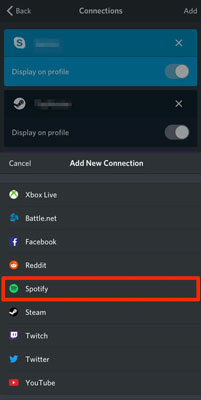 choose and connect spotify to discord mobile app
