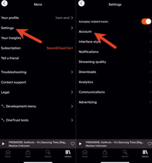 locate account settings soundcloud mobile