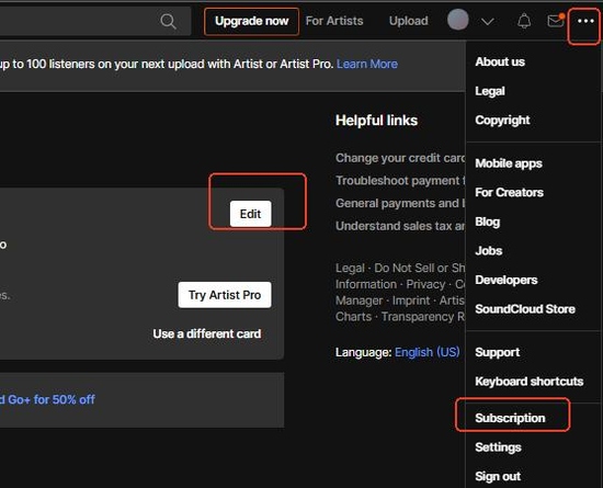 locate soundcloud subscription management page