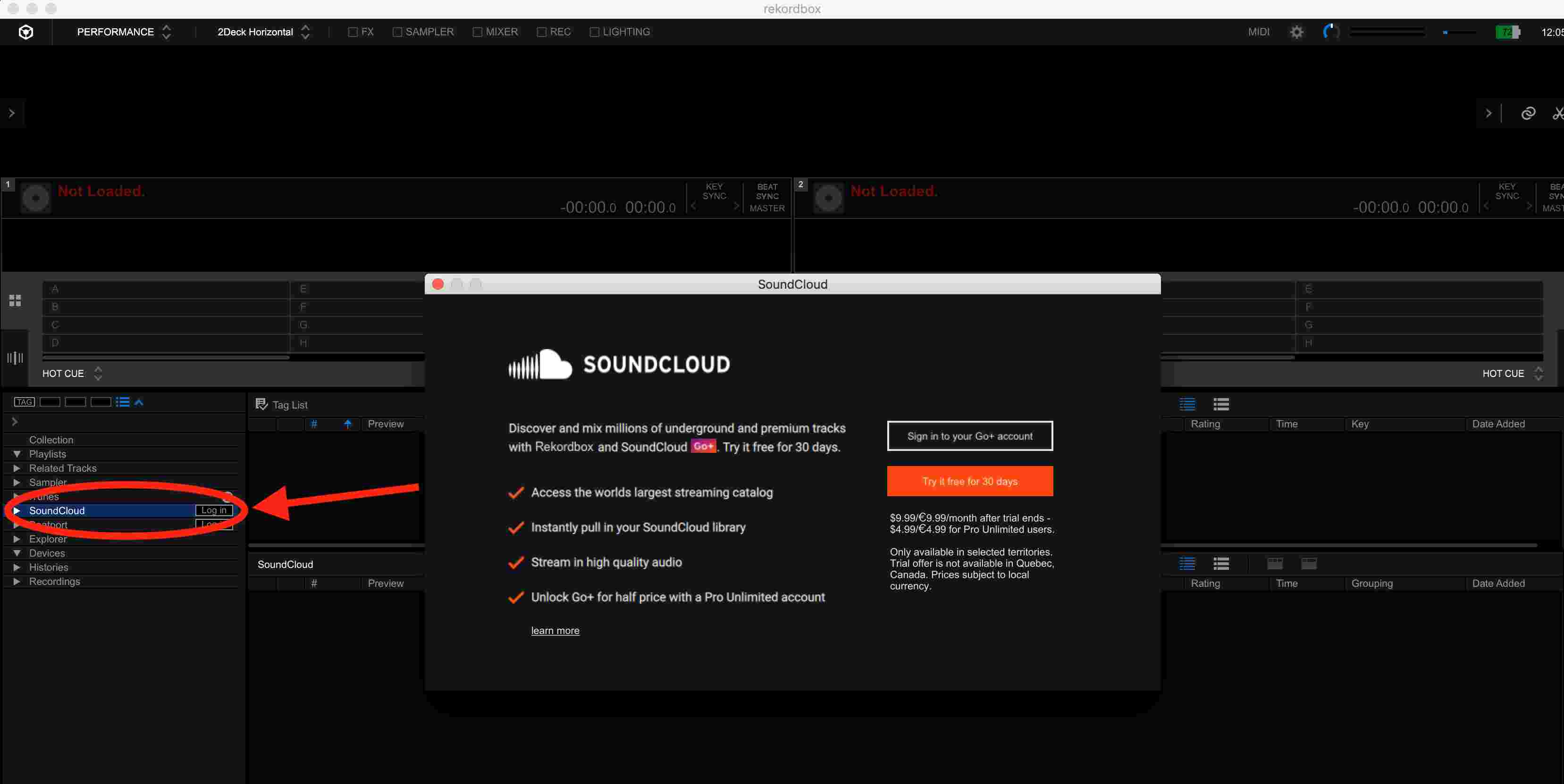 log in to soundcloud account in dj software