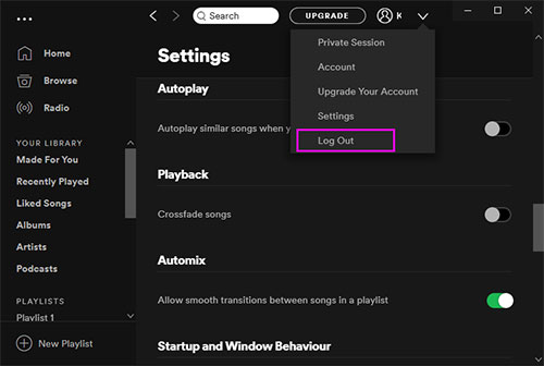 log out spotify to solve spotify premium not playing offline