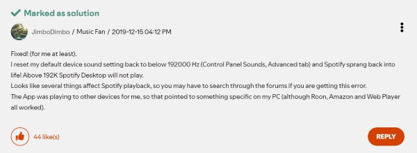 lower audio quality to below 192k to fix spotify not play