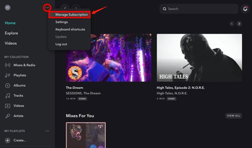 manage subscription option on tidal website