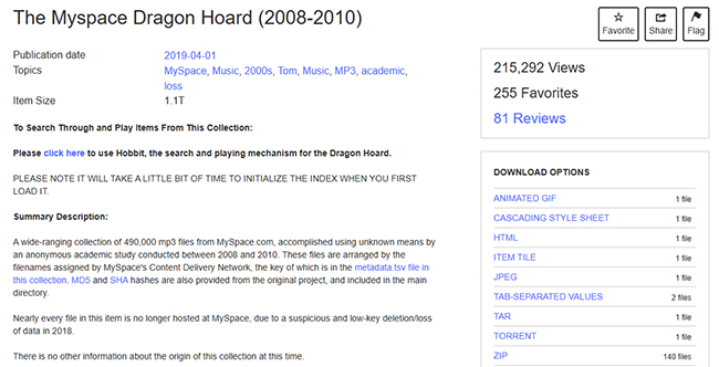 myspace dragon hoard in internet archive