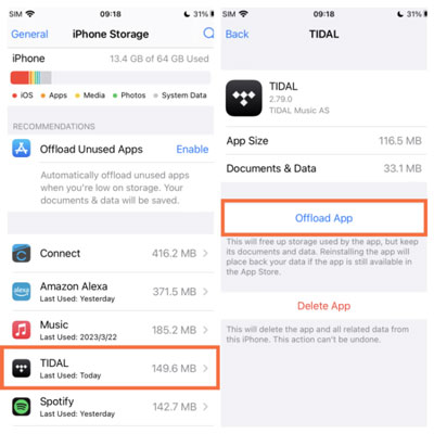 offload tidal to clear cache on tidal on iphone