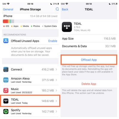 clear cache on tidal iphone via offload app or delete app