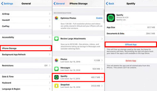 offload spotify app on iphone to clear spotify cache