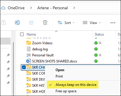 onedrive always keep on this device button