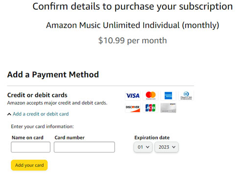 fill in payment info on amazon music