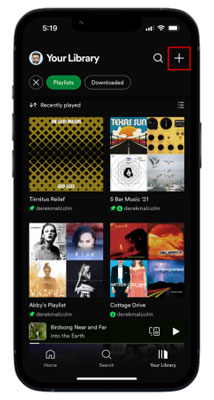 hit on plus on the spotify library screen to create spotify playlist