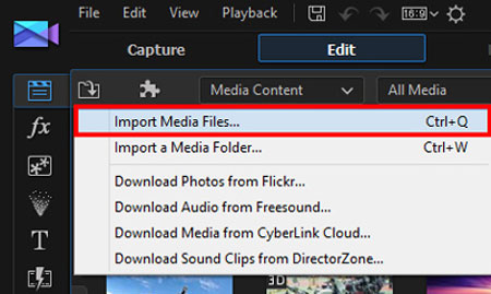 choose import media files on powerdirector on computer