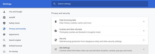 privacy and security option in chrome browser settings