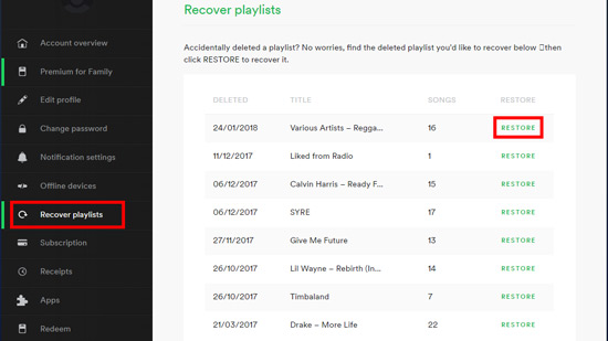 how to recover deleted spotify playlist on web