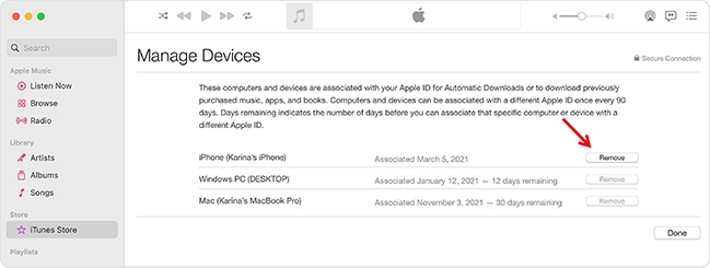 remove device from apple music mac for too many devices
