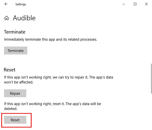 reset audible app when audible not working on windows