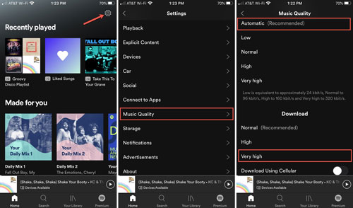 reset spotify bitrate iphone