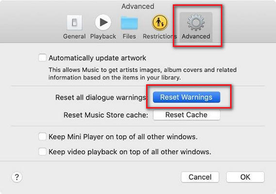 reset warnings to fix apple music not available in region
