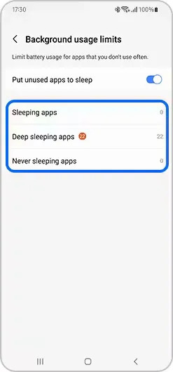 samsung s app sleeping settings