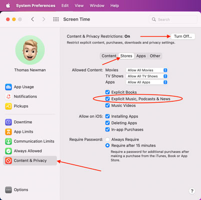 turn off screen time content and privacy option