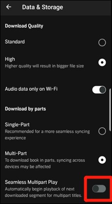 disable seamless multipart play on audible