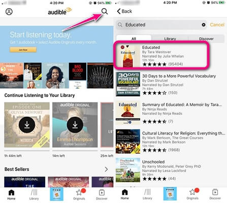 search audible books on app