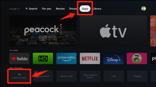 search for apps section on google tv