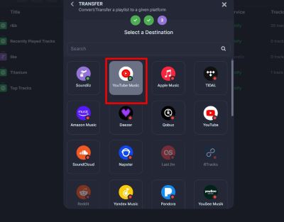 select YouTube Music as destination Soundiiz