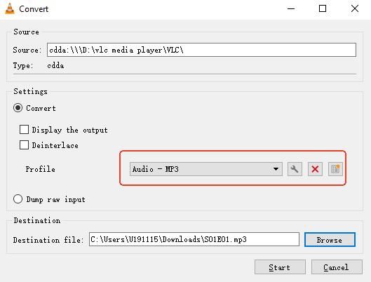 set profile to audio mp3 in vlc media player