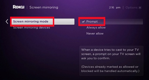 set screen mirroring mode on roku
