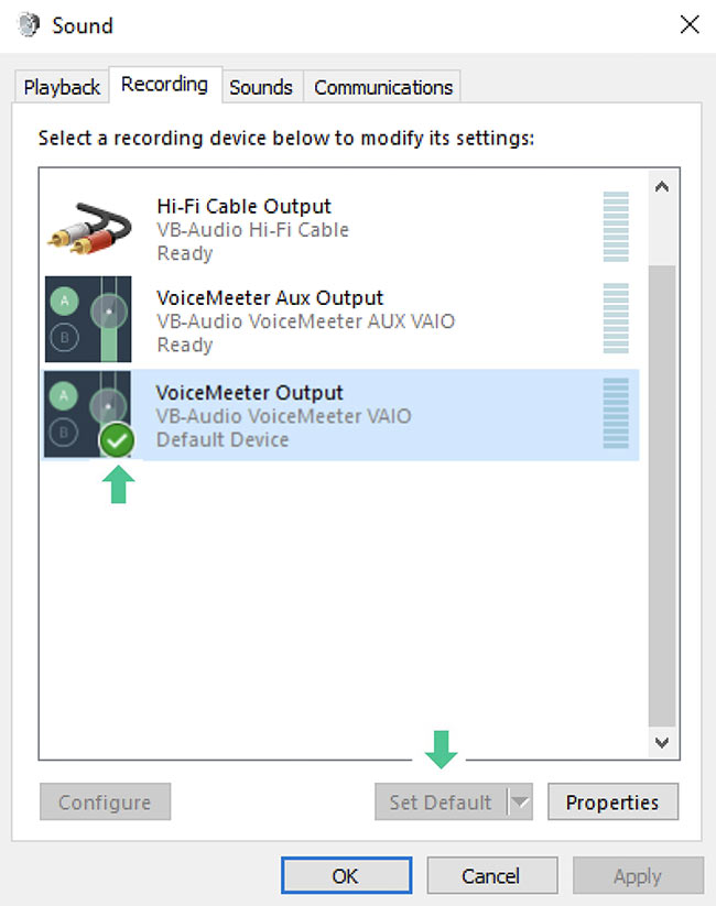 set sound output as voicemeeter