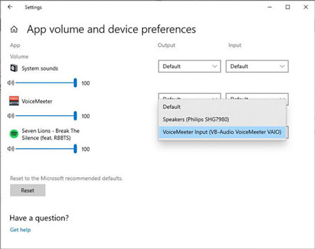 set spotify output to voicemeeter input on windows pc