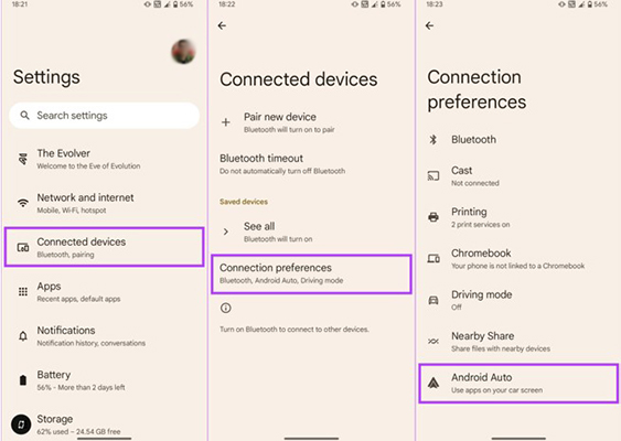 android auto in settings