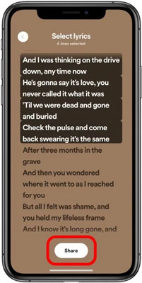 touch share button on spotify lyrics