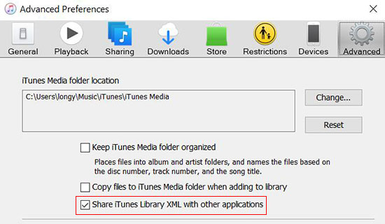 open share itunes library xml with other applications on itunes