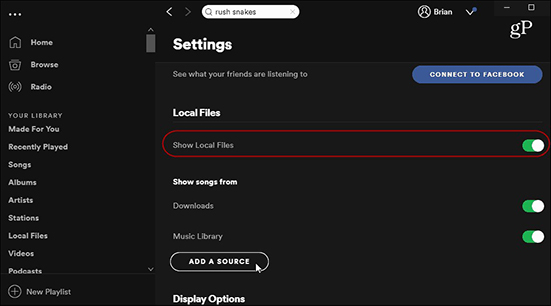 turn on local files button on spotify