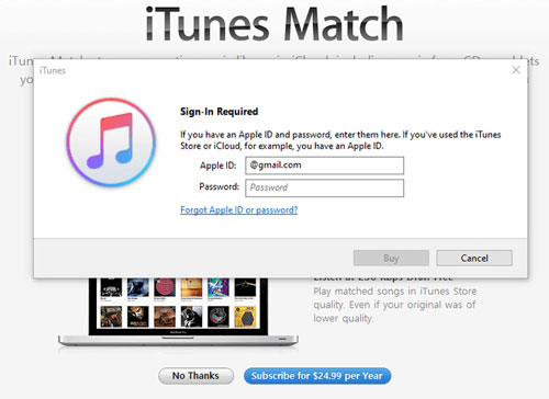 log in to itunes match