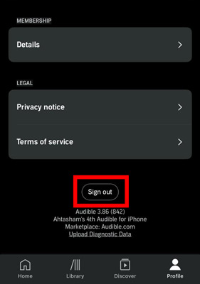 sign out audible on mobile